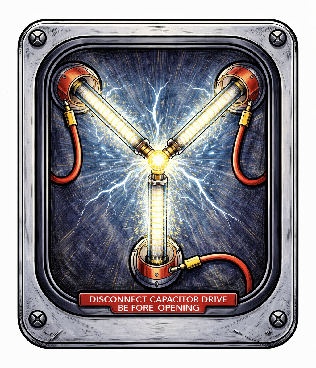 Illustration Flux Capacitor - high-voltage capacitor with glowing lights and warning label