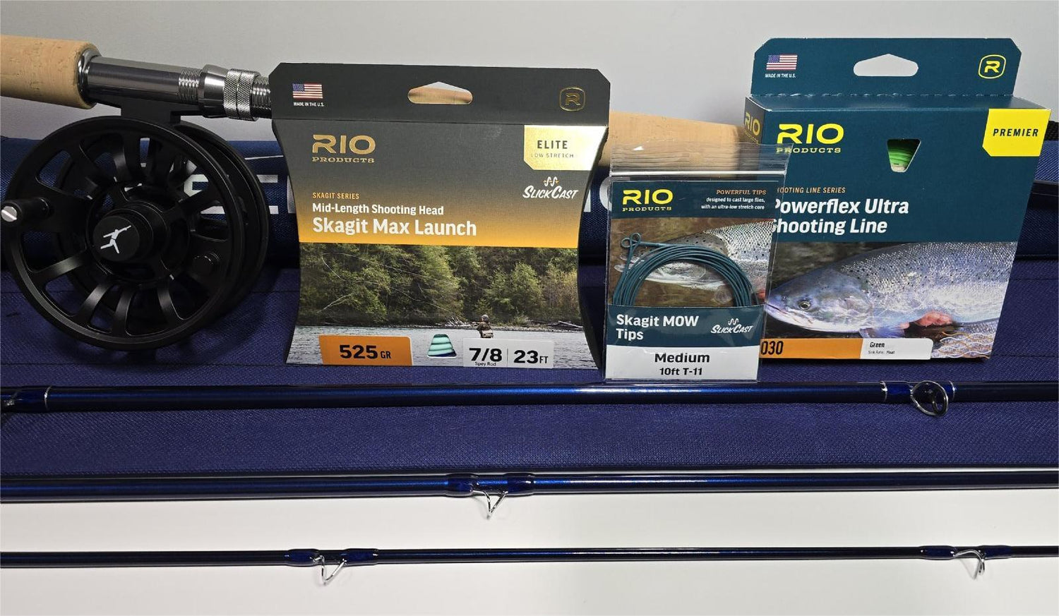 Echo Fishing rod with RIO fishing line packaging, Skagit Mow - Steelhead Spey Setup - on a white background