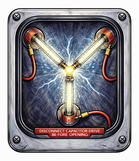 Illustration Flux Capacitor - high-voltage capacitor with glowing lights and warning label