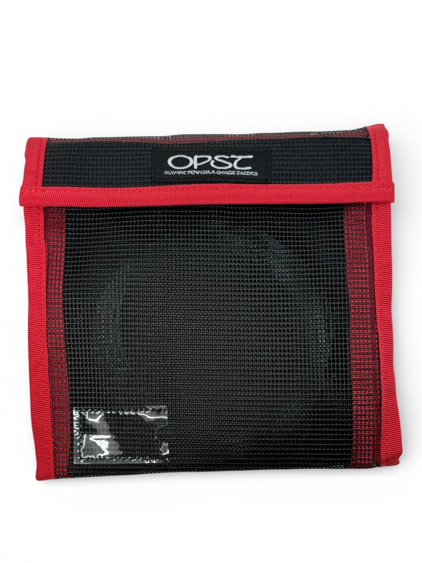 Black mesh pouch with red trim and OPST logo on a white background
