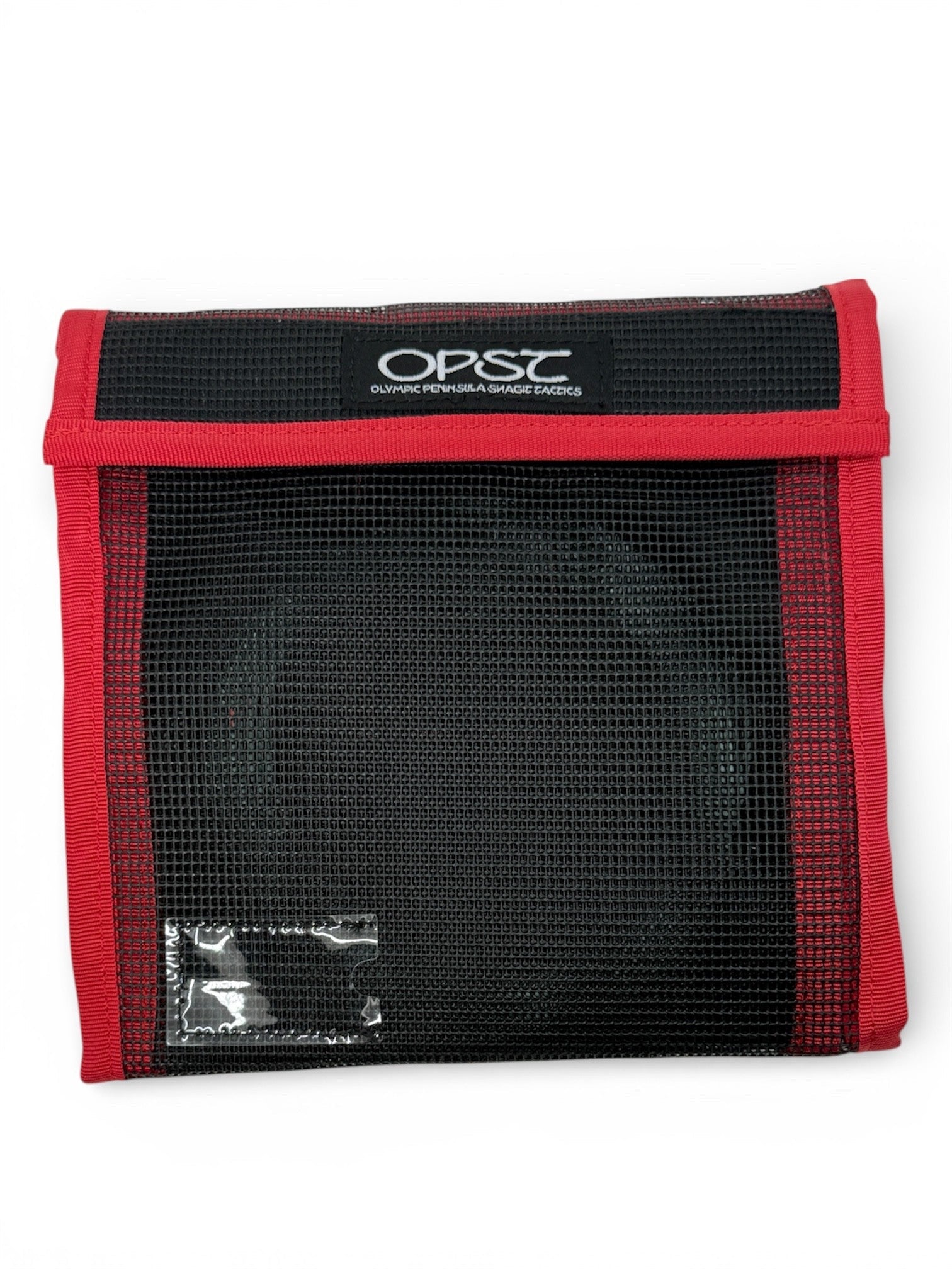 Black mesh pouch with red trim and OPST logo on a white background