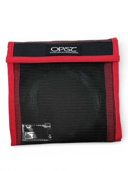Black mesh pouch with red trim and OPST logo on a white background