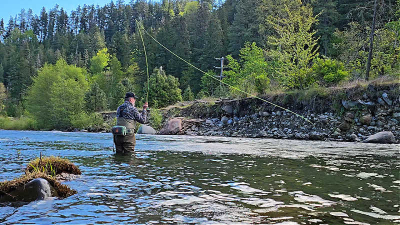 John Garrett - Retired Steelhead Guide and GFS Team member fly fishing in a river surrounded by trees and rocks