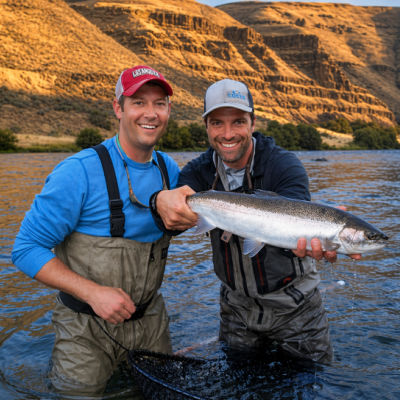 Todd Harris - Steelhead Guide - holding a large steelhead on the deschutes river