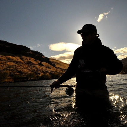 Tom Larimer fly fishing Deschutes River - sunset landscape