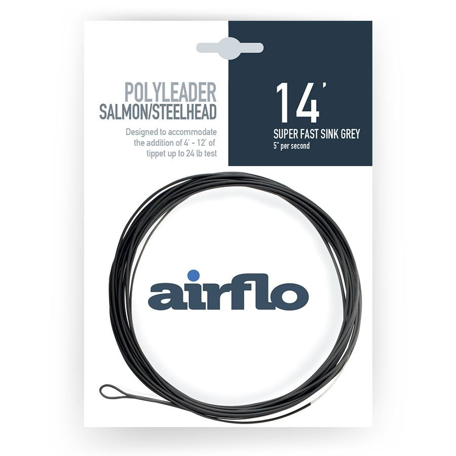 Airflo polyleader - Super fast sink grey - Salmon and Steelhead - packaging with black leader cord on a white background