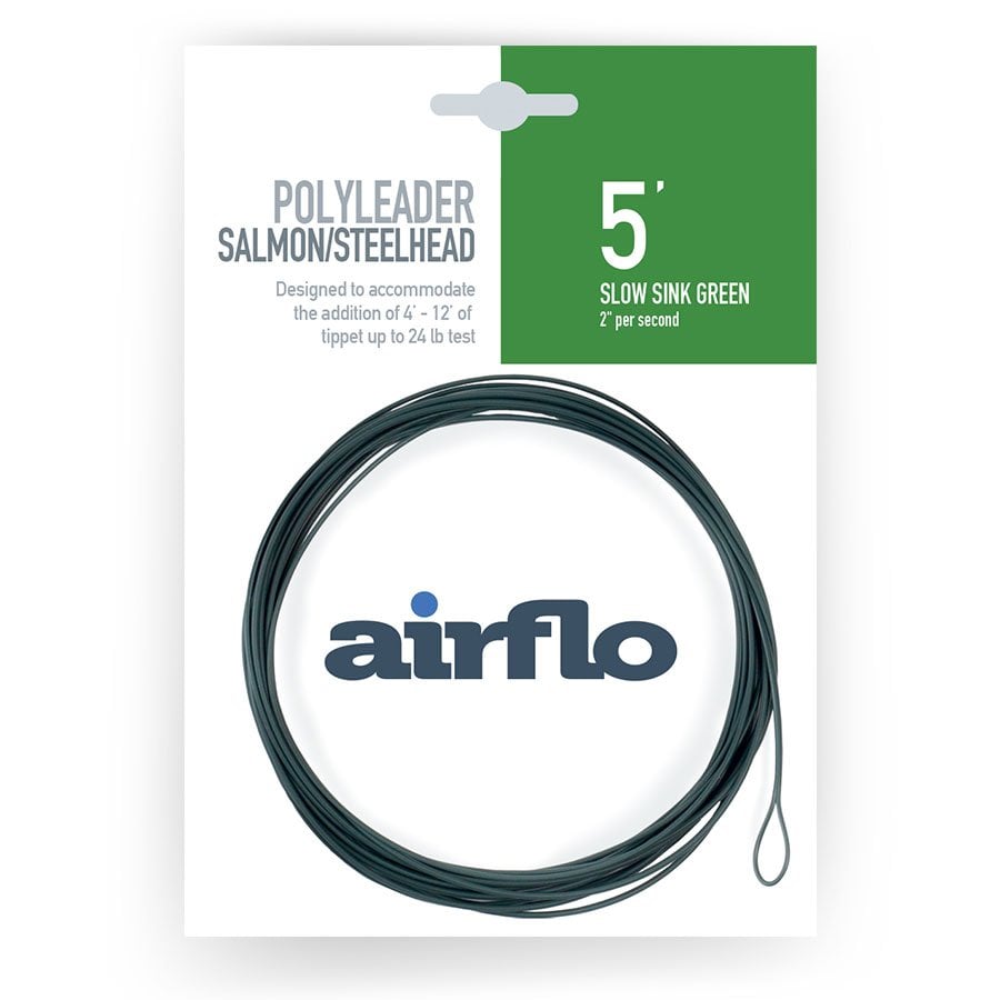 Airflo polyleader - Steelhead and Salmon - 5ft slow sink green - fishing line packaging with green label and white background