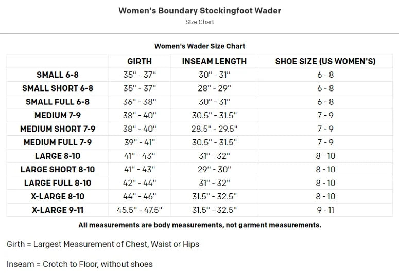 Grundens Women's Boundary Wader Size Chart